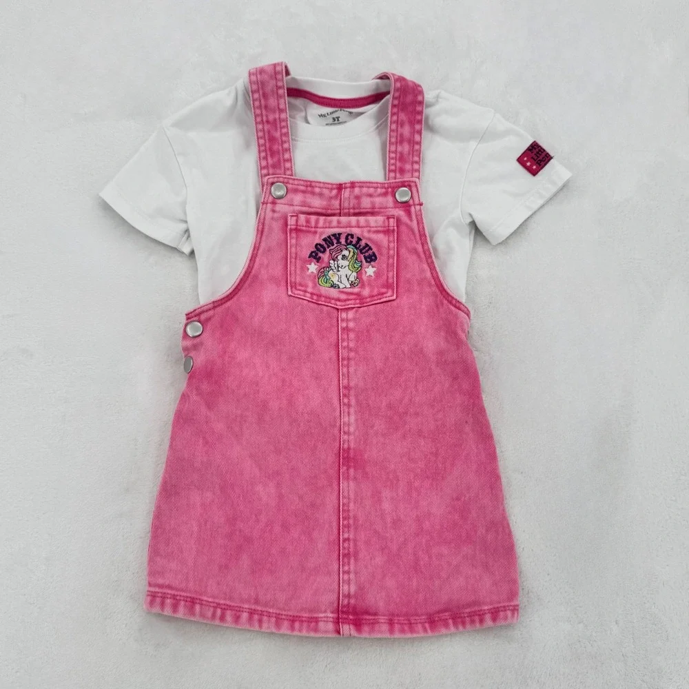 My Little Pony Overall Dress Jumper & Shirt Set Toddler 3T Pink Acid Wash Denim - Picture 1 of 11